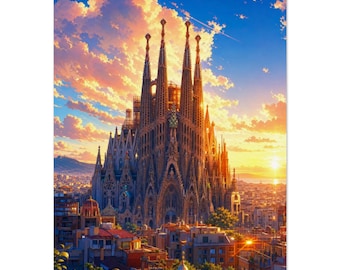 Barcelona Sagrada Familia Print | Spain Gaudí Wall Art | Colourful Sunset Poster | Travel Gift