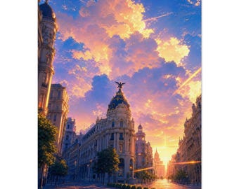 Plakat z Gran Via w Madrycie | Sztuka ścienna w Hiszpanii | Plakat z motywem Złotej Godziny | Prezent z podróży