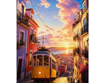 Lisbon Yellow Tram Print | Portugal Alfama Wall Art | Golden Hour Poster