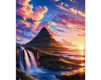 Grafika Kirkjufell | Islandzka Góra, grafika ścienna | Plakat z zachodem słońca nad wodospadem
