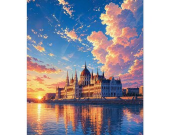 Parlament Budapesztu, grafika | Węgierska sztuka ścienna Dunaj | Plakat Blue Hour