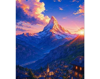 Grafika Matterhorn | Zermatt, Szwajcaria, grafika ścienna | Plakat z wschodem słońca w Alpach | Prezent podróżny