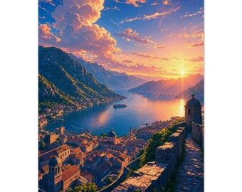 Wydruk z Zatoki Kotorskiej | Czarnogóra, Adriatyk, grafika ścienna | Kolorowy plakat z zachodem słońca | Prezent podróżny