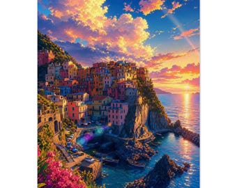 Cinque Terre Manarola Print | Włoskie wybrzeże | Kolorowy plakat z portem