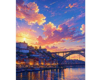 Porto Ribeira Print | Portugal Douro Wall Art | Colourful Dusk Poster