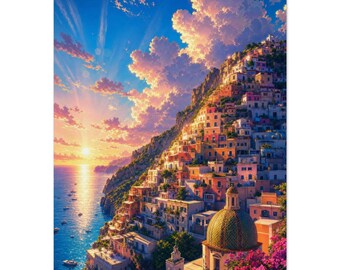 Positano Print | Grafika ścienna z Wybrzeża Amalfi we Włoszech | Kolorowy plakat z zachodem słońca