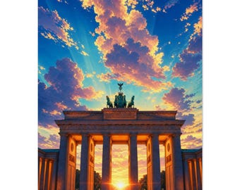 Druk z Bramą Brandenburską w Berlinie | Sztuka ścienna w Niemczech | Plakat z kolorowym zachodem słońca