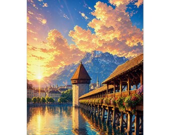 Most Kapliczny w Lucernie, grafika | Sztuka ścienna w Szwajcarii | Plakat z zachodem słońca w Alpach | Prezent podróżny
