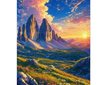 Dolomity Tre Cime Print | Włoski alpejski plakat ścienny | Plakat z wschodem słońca w górach