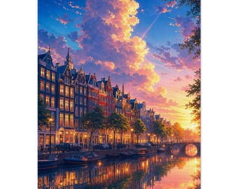 Plakat z domami nad kanałami w Amsterdamie | Sztuka ścienna w Holandii | Plakat „Kolorowy zmierzch” | Prezent podróżny