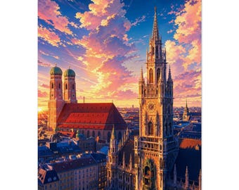 Grafika z Marienplatz w Monachium | Bawaria, Niemcy | Plakat „Kolorowy zmierzch”