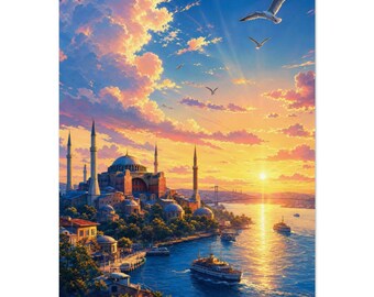 Hagia Sophia w Stambule, grafika | Bosfor w Turcji, grafika ścienna | Kolorowy plakat z zachodem słońca | Prezent podróżny