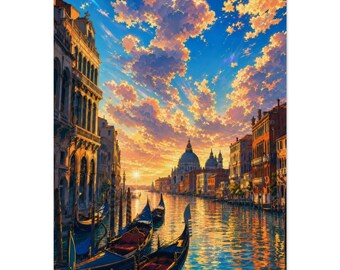 Grafika z Canal Grande w Wenecji | Sztuka ścienna z podróży po Włoszech | Kolorowy plakat z zachodem słońca