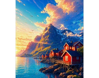 Grafika Lofoten | Plakat ścienny z czerwonymi chatkami w Norwegii | Plakat z arktycznym niebem | Prezent podróżny