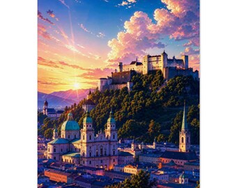 Grafika z Twierdzą w Salzburgu | Sztuka ścienna Starego Miasta w Austrii | Kolorowy plakat z zachodem słońca