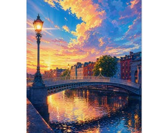 Grafika z mostem Dublin Ha'penny | Irlandia Liffey, grafika ścienna | Plakat „Kolorowy zmierzch”