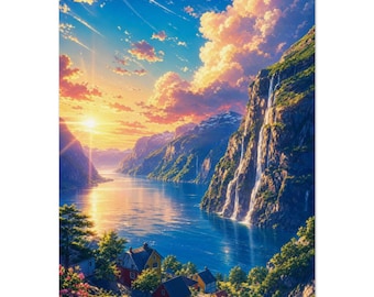 Grafika z fiordem Geiranger | Wodospad w Norwegii | Plakat na ścianę | Złota godzina | Prezent podróżny
