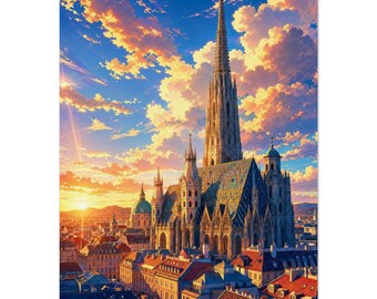 Grafika z katedrą św. Szczepana w Wiedniu | Sztuka ścienna z katedrą w Austrii | Plakat „Kolorowy zmierzch”
