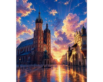 Krakow Main Square Print | Poland St Mary's Wall Art | Colourful Dusk Poster | Travel Gift