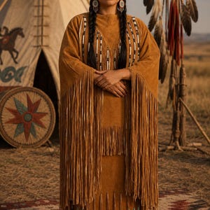 May include: A tan suede dress featuring long fringe detailing along the sleeves and hem. The garment is adorned with vertical rows of white and black beads on the bodice and a row of small turquoise beads along the lower fringe section.