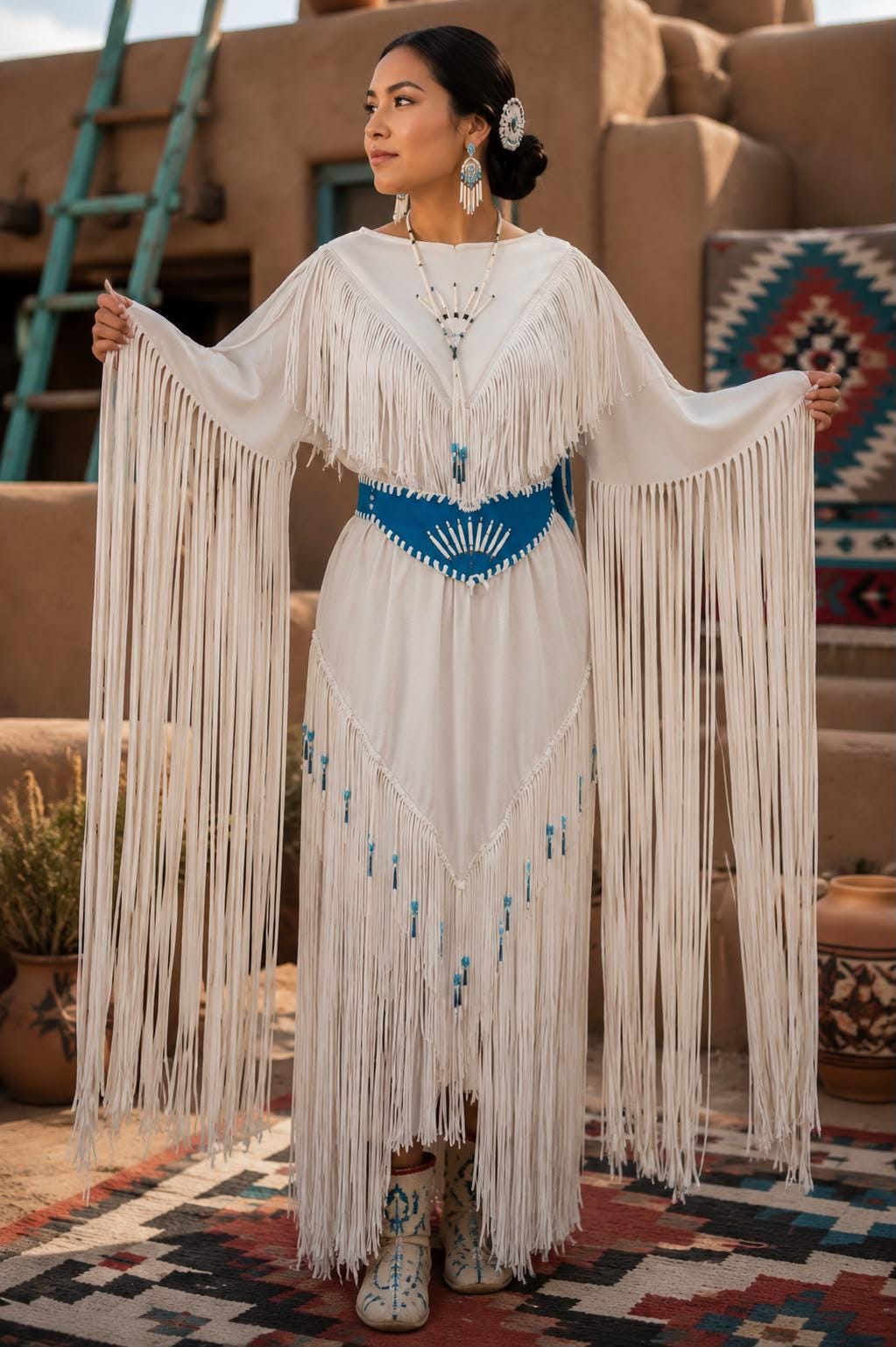 Women White Suede Dramatic Fringe Dress - Beaded Western Leather Dress, Blue Turquoise Accents - Custom Native Inspired Cowgirl Gown