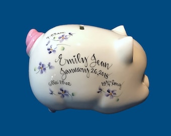 Personalized Porcelain Piggy Bank with Hand Painted Lavendar Wildflowers-Baby Gift