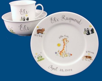 Personalized Handpainted Porcelain Baby Dish Set with Animal Design-Baby Gift