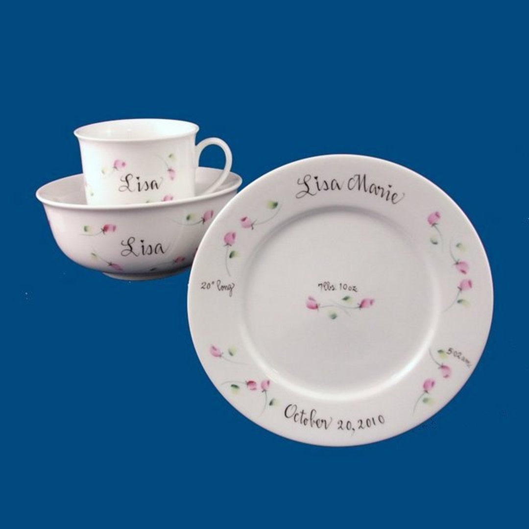 Personalized Porcelain Baby Dish Set With Hand Painted Flowers-baby ...
