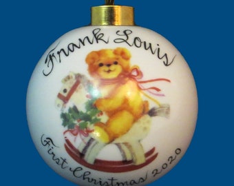 Personalized Hand Painted Christmas Ornament with Teddy Bear
