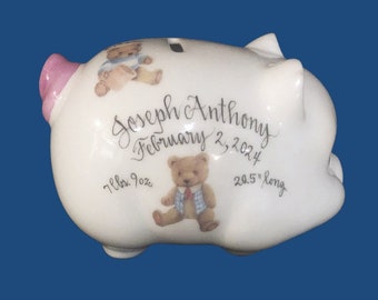 NEW*Personalized White Porcelain Piggy Bank with Teddy Bears