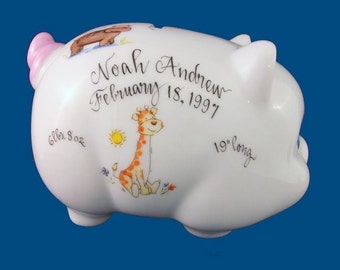 Personalized Handpainted Porcelain Piggy Bank with Animal Design-Baby Gift