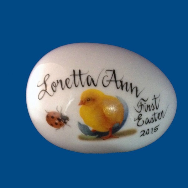 Hand Painted Porcelain Easter Egg with Chick and Ladybug-Easter Gift