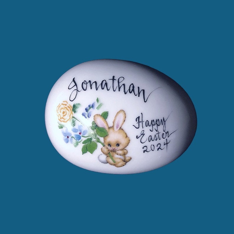 Personalized Hand Painted Porcelain Easter Egg with Bunny and Wildflower-Easter Gift image 1