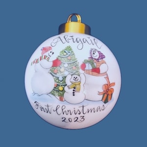 Personalized White Porcelain Christmas Ball with Snow Family