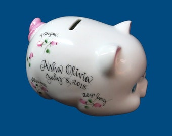 Personalized Porcelain Piggy Bank with Handpainted Rosebuds-Baby Gift