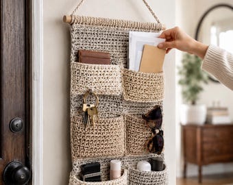 Crochet Wall Organizer Pattern, Six Pocket Hanging Storage, Boho Entryway Decor PDF Digital Download
