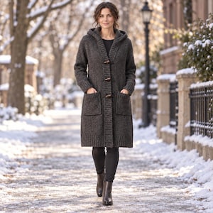 May include: A charcoal gray knee-length hooded cardigan featuring a textured knit pattern, long sleeves, two large front patch pockets, and three brown toggle buttons down the center front, paired with black pants and black ankle boots.