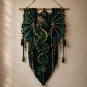 May include: A wall hanging featuring a central three-dimensional dragon figure in shades of dark green and gold. The dragon is surrounded by intricate dark green macrame cord work, gold-toned metal accents, green beads, and hanging tassels.