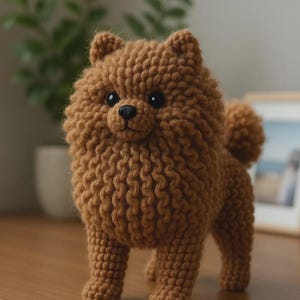 May include: A brown crocheted dog figurine with a thick, textured coat, small pointed ears, a fluffy tail, and black plastic eyes and nose. The yarn work features a consistent looped stitch pattern throughout the body, legs, and head.
