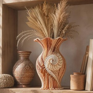 Pode incluir: Um vaso decorativo coberto com uma capa de crochê texturizada em tons de laranja, creme e marrom. A capa inclui um motivo de concha em espiral proeminente e detalhes de franjas pendentes. O vaso está cheio de ervas e folhas de palmeira secas.