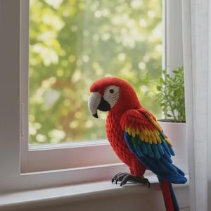 以下が含まれることがあります： 鮮やかな赤色の体、黄色と青色の翼の羽、白い顔のパッチ、黒い嘴を持つ手作りのクロッシェ編みのオウム。鳥は濃い灰色の足をしており、赤と青の羽を持つ長い尾があり、横向きの姿で表現されています。