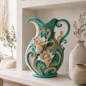 Floral Pitcher Crochet Pattern, 3D Lotus Vase Sculpture, Ornate Turquoise Home Decor PDF Tutorial