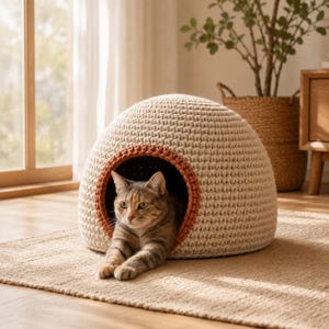 May include: A dome-shaped cat bed made of thick, cream-colored crochet yarn with a textured surface. The entrance is circular and framed by a thick, rust-colored border. A brown tabby cat is resting inside the structure with its front paws extended.
