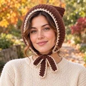 May include: A dark brown crochet bonnet featuring a cream-colored scalloped edge trim. The bonnet has a pointed top and two long, matching brown and cream crochet ties that are knotted together under the chin to secure the head covering.