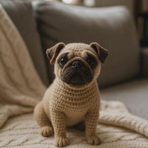 May include: A crochet pug figurine featuring a light tan body with a dark brown muzzle and ears. The stuffed animal has large black plastic eyes and a textured yarn surface, crafted with detailed stitching to mimic the appearance of a small dog.