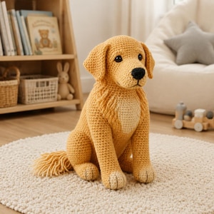 May include: A golden-yellow crocheted dog figurine in a sitting position. The plush toy features a textured yarn surface, a lighter cream-colored chest patch, dark round eyes, and a black nose. It has floppy ears and a fringed tail.