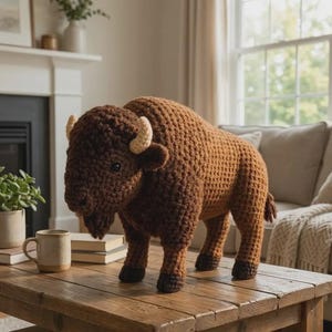 May include: A brown crocheted bison plush toy with a textured body, a darker brown mane, and light cream-colored horns. The bison stands on four legs with dark brown hooves and features small black eyes, positioned on a wooden surface.