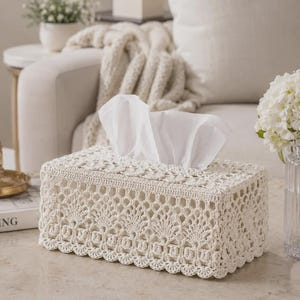 Puede incluir: Una funda rectangular para caja de pañuelos con un intrincado patrón de ganchillo en color blanco roto y un borde inferior festoneado. El diseño incluye motivos repetitivos en forma de abanico y una estructura de malla abierta.