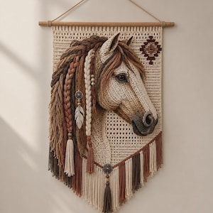 May include: A crochet wall hanging featuring a three-dimensional horse head in shades of cream, tan, and brown. The horse has a braided mane adorned with beads, a feather charm, and tassels. The background is a cream-colored macrame-style panel.