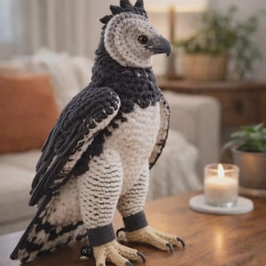Può includere: Un peluche di aquila arpia realizzato a mano all'uncinetto con testa, dorso e ali grigio antracite scuro, petto e ventre color crema. L'uccello presenta un becco grigio scuro, occhi marroni e zampe color marrone chiaro.